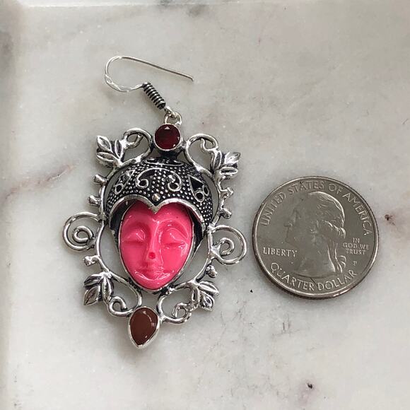 Silver Pink Resin & Garnet Goddess/Deity Earrings - Picture 6 of 6